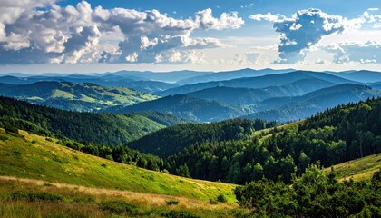 Fototapeta premium Rolling green hills under a bright blue sky with dramatic clouds during golden hour light casting soft shadows across the landscape