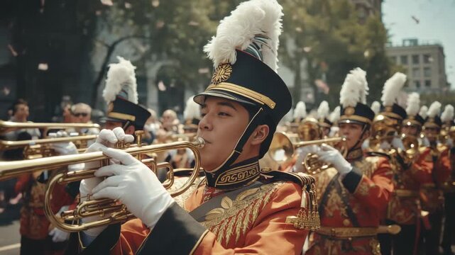 Parading band lead wearing red uniform playing trumpet along city road amid pink confetti drifting
