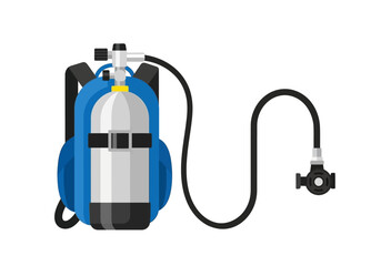 Scuba Diving Tank with Regulator and Blue Harness Flat Vector Illustration.