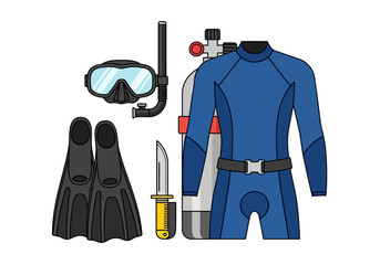 Complete Scuba Diving Gear Set Illustration on White.