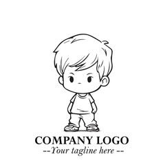 Black and White Chibi Boy Illustration with Jacket and Boots in Bold Thick Line Art Minimal Style
