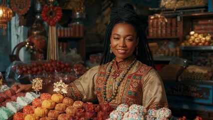 Smiling vendor in tunic showcasing colorful confections at market stall inviting customers - Powered by Adobe
