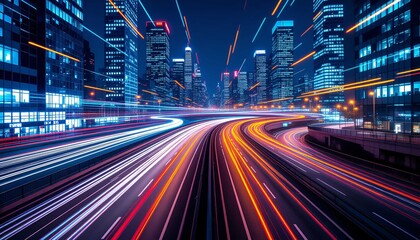 Obraz premium Dynamic urban highway at night with colorful light streaks symbolizing fast motion and futuristic energy