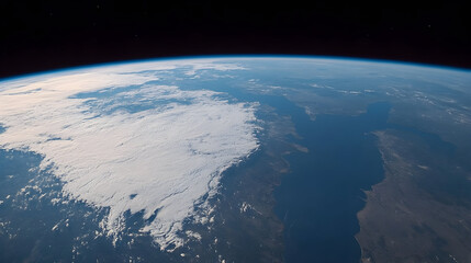 Fototapeta premium Earth view from orbit showing ice clouds over dark water and land.
