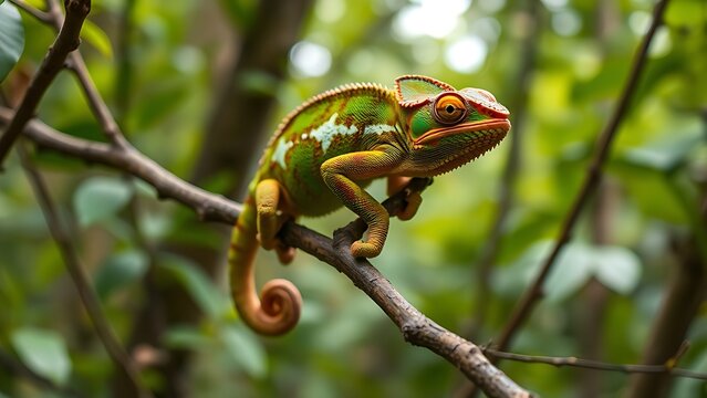 unanimity. Chameleon blending into a tree branch, natural camouflage in a forest environment. wildlife magazines, conservation campaigns, designed for eco-tourism storytelling, used by photographers.