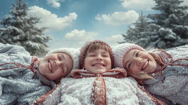 Entering snowy clearing, three kids brushing snow, carving angels wearing hats, scarves for fun