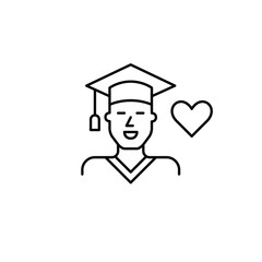 Man in graduation cap and heart. Academic achievements, love for learning, education with passion. Pixel perfect, editable stroke vector icon