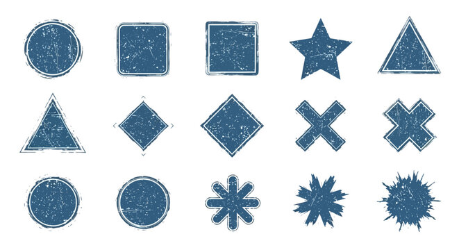Fifteen textured blue shapes including circles squares diamonds stars crosses triangles and asterisks in a row formation