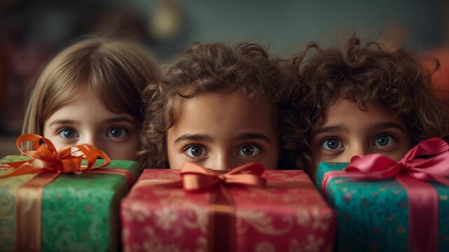 Peeking three friends sitting behind gift boxes at home, exchanging glances while awaiting reveal