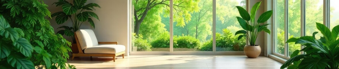 Obraz premium Lush green foliage fills a bright, airy interior space, creating a vibrant and natural atmosphere Perfect for home decor, design, and nature-themed projects , leaves, texture, pothos