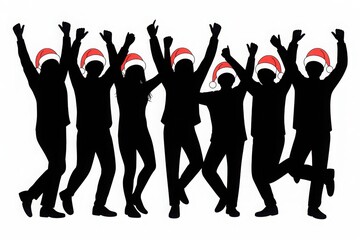 Silhouette of a group of people wearing santa hats and celebrating isolated on white background
