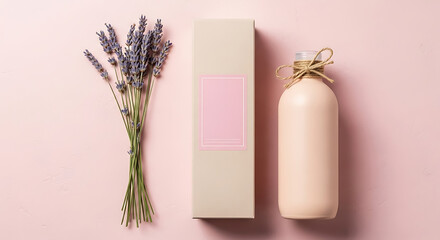 Lavender sprigs and product packaging on a soft pink colored surface