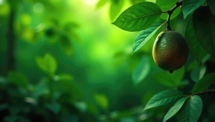 Lush green leaves create a vibrant backdrop, hinting at forbidden fruit and tempting delights A subtly dark shadow suggests mystery and a hidden allure within the verdant scene , earthy, organic