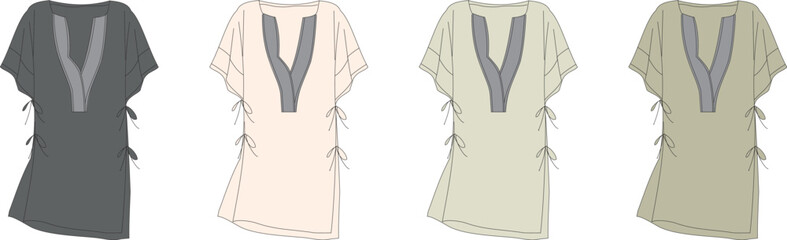 Set of four simple tunic-like garments in various muted color palettes, each with a V-neckline and tie details