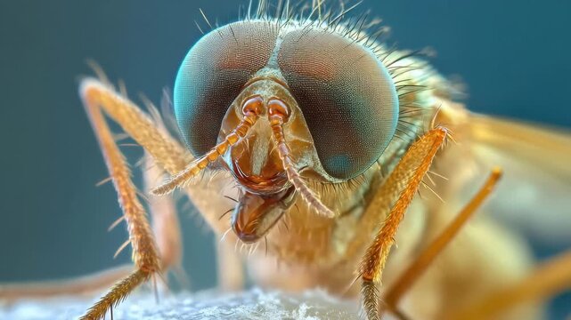 This close-up reveals a fly perched on a surface, highlighting the complexity of its large eyes and fine hairs, captured in daylight for detailed clarity.