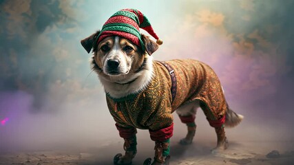 Standing dog wearing elf costume with striped hat, gold-bell booties in misty grove - Powered by Adobe