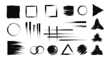 Grunge shapes in black ink squares circles triangles lines and messy forms on a white background
