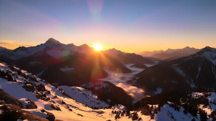 A breathtaking vista of snow-capped mountains bathed in the warm, golden light of sunrise, with soft, ethereal clouds drifting through the valleys below. - Powered by Adobe