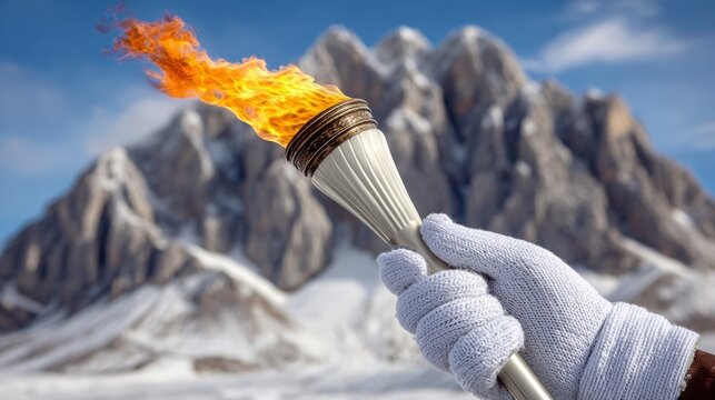 A person holding a torch in front of a mountain. Concept of adventure and excitement, as the person is holding the torch high above the snowy mountain. The contrast between the warm