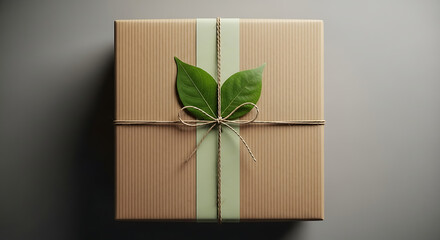 Gift box wrapped with ribbon string and leaves on a gray background