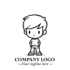 Black and White Chibi Boy Illustration with Jacket and Boots in Bold Thick Line Art Minimal Style
