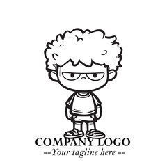 Black and White Chibi Boy Illustration with Jacket and Boots in Bold Thick Line Art Minimal Style
