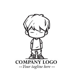 Black and White Chibi Boy Illustration with Jacket and Boots in Bold Thick Line Art Minimal Style
