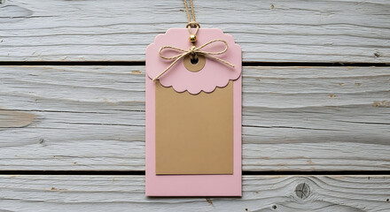 Hanging pink tag with bow on wooden background for product display