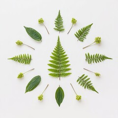 さまざまなシダの葉を平らな面に配置し、中央の葉を他の葉で囲み、自然な緑の色と質感を表現しています。