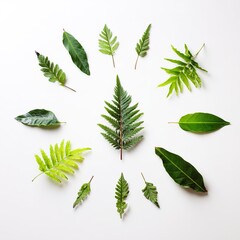 さまざまなシダの葉を平らな面に配置し、中央の葉を他の葉で囲み、自然な緑の色と質感を表現しています。