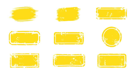Nine yellow vintagestyle design elements in rows featuring brush strokes roundededge rectangles and circles with faded edges