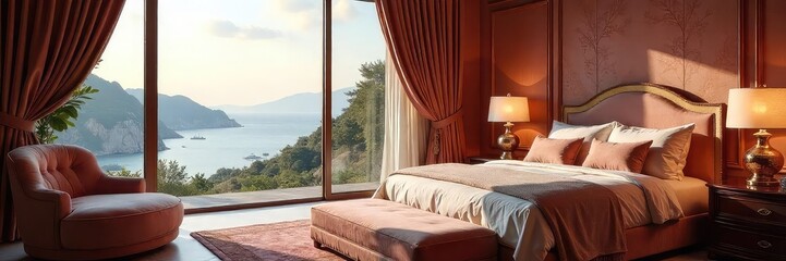 Fototapeta premium Opulent master suite featuring a plush velvet chaise lounge, shimmering silk drapes, and a breathtaking view from a large window Indulge in ultimate luxury , design, hotel room