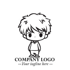 Black and White Chibi Boy Illustration with Jacket and Boots in Bold Thick Line Art Minimal Style
