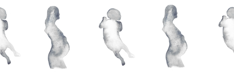  Watercolor pregnant girl and baby silhouette blue pattern.Hand painted silhouette motherhood element border on white background.
