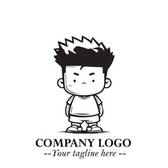 Black and White Chibi Boy Illustration with Jacket and Boots in Bold Thick Line Art Minimal Style
