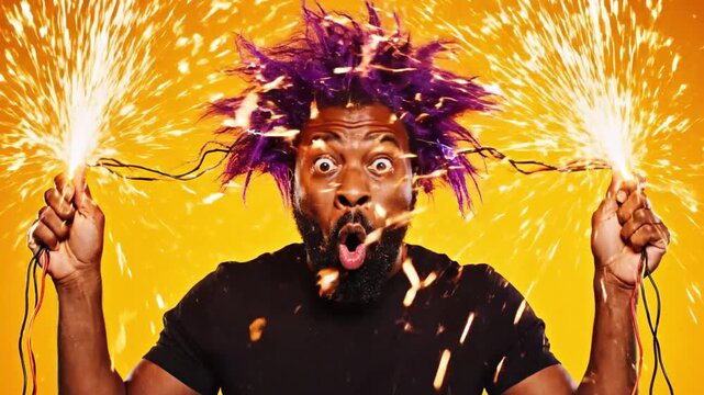 A man is shocked holding wires, sparks and electrical energy emanate from them