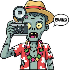 Vacation zombie character, cartoon undead tourist, tropical horror illustration, funny monster design, beach holiday vector, creepy travel theme, humorous Halloween concept art
