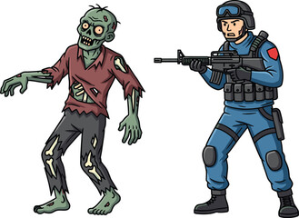 Zombie and soldier confrontation, cartoon horror battle, tactical defense illustration, undead threat vector, survival action scene, armed response character design, apocalypse concept art