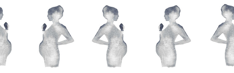  Watercolor pregnant girl silhouette blue pattern.Hand painted silhouette motherhood element border on white background.