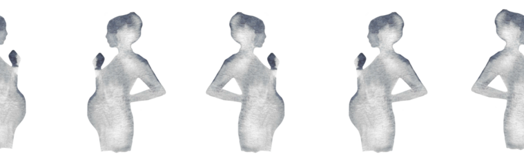  Watercolor pregnant girl silhouette blue pattern.Hand painted silhouette motherhood element border on white background.