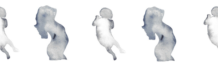  Watercolor pregnant girl and baby silhouette blue pattern.Hand painted silhouette motherhood element border on white background.
