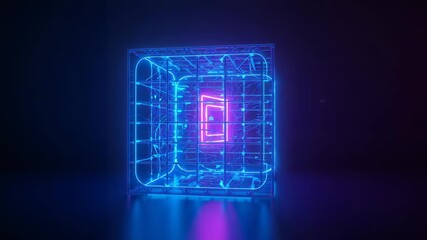 Rotating neon-blue wireframe cube revealing nested pink core on shiny studio floor, pulsing glow - Powered by Adobe