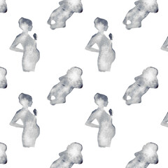  Watercolor pregnant girl and baby silhouette blue print.Hand painted silhouette motherhood element pattern on white background.