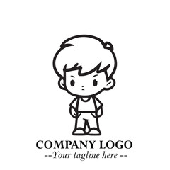 Black and White Chibi Boy Illustration with Jacket and Boots in Bold Thick Line Art Minimal Style
