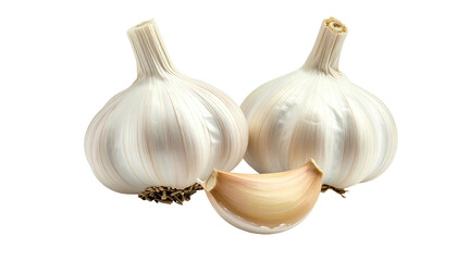 Two bulbs and one clove of garlic on a dark background