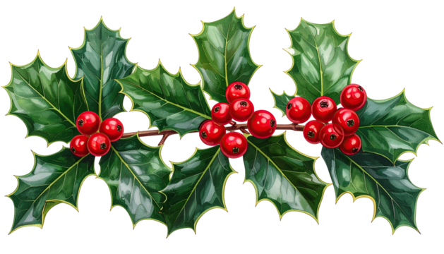 Holly sprig, dark green leaves, clusters of vibrant red berries
