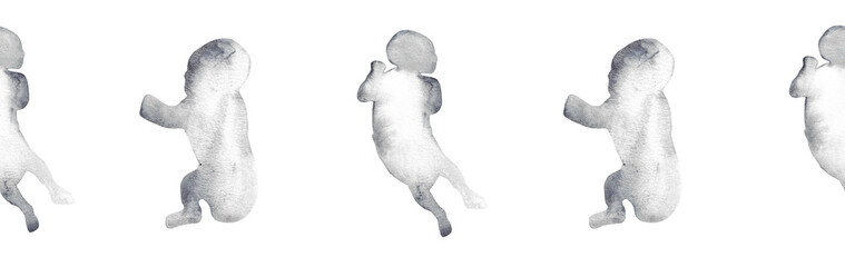  Watercolor baby silhouette blue pattern.Hand painted silhouette motherhood element border on white background.