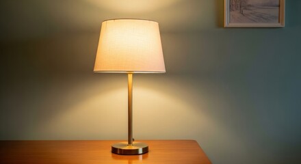 Warm lamp glows softly on a wooden surface, casting inviting shadows on wall