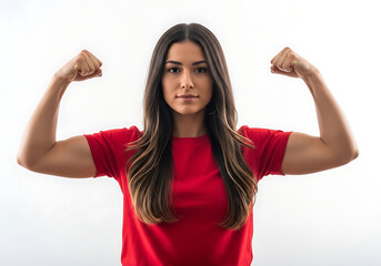 Strong woman flexing her biceps isolated on white background