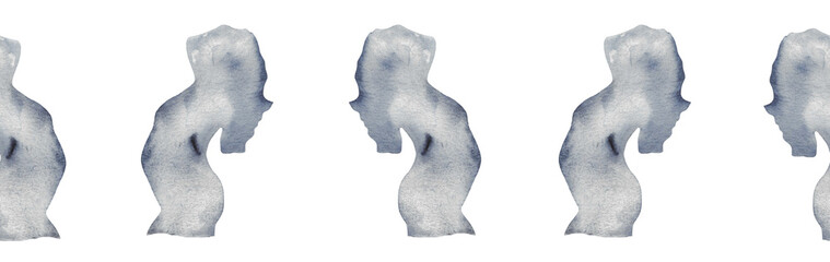  Watercolor pregnant girl silhouette blue pattern.Hand painted silhouette motherhood element border on white background.